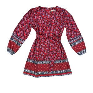 LOFT Red Border Floral Dress Tie Waist Blue White Tunic SZ Extra Small Petite